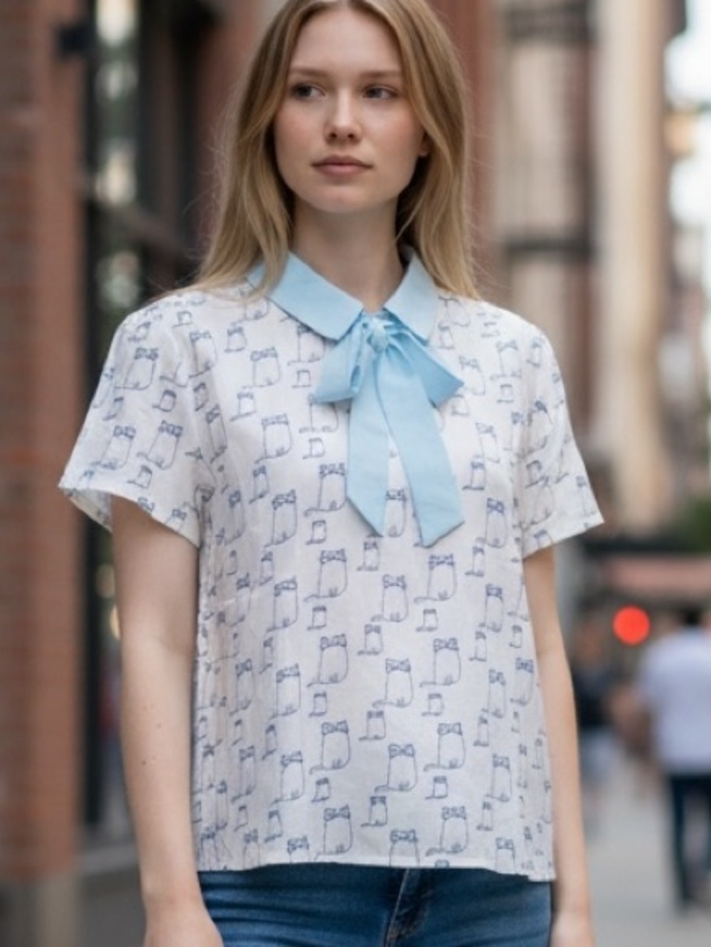 Light Blue Collar Bow Cat Print Blouse